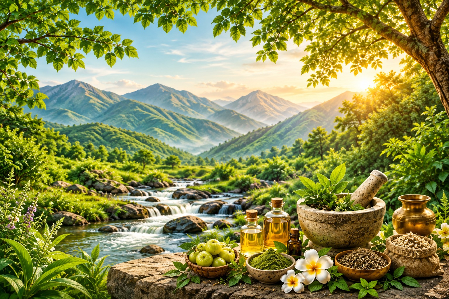 Lush nature, river and Ayurvedic setting